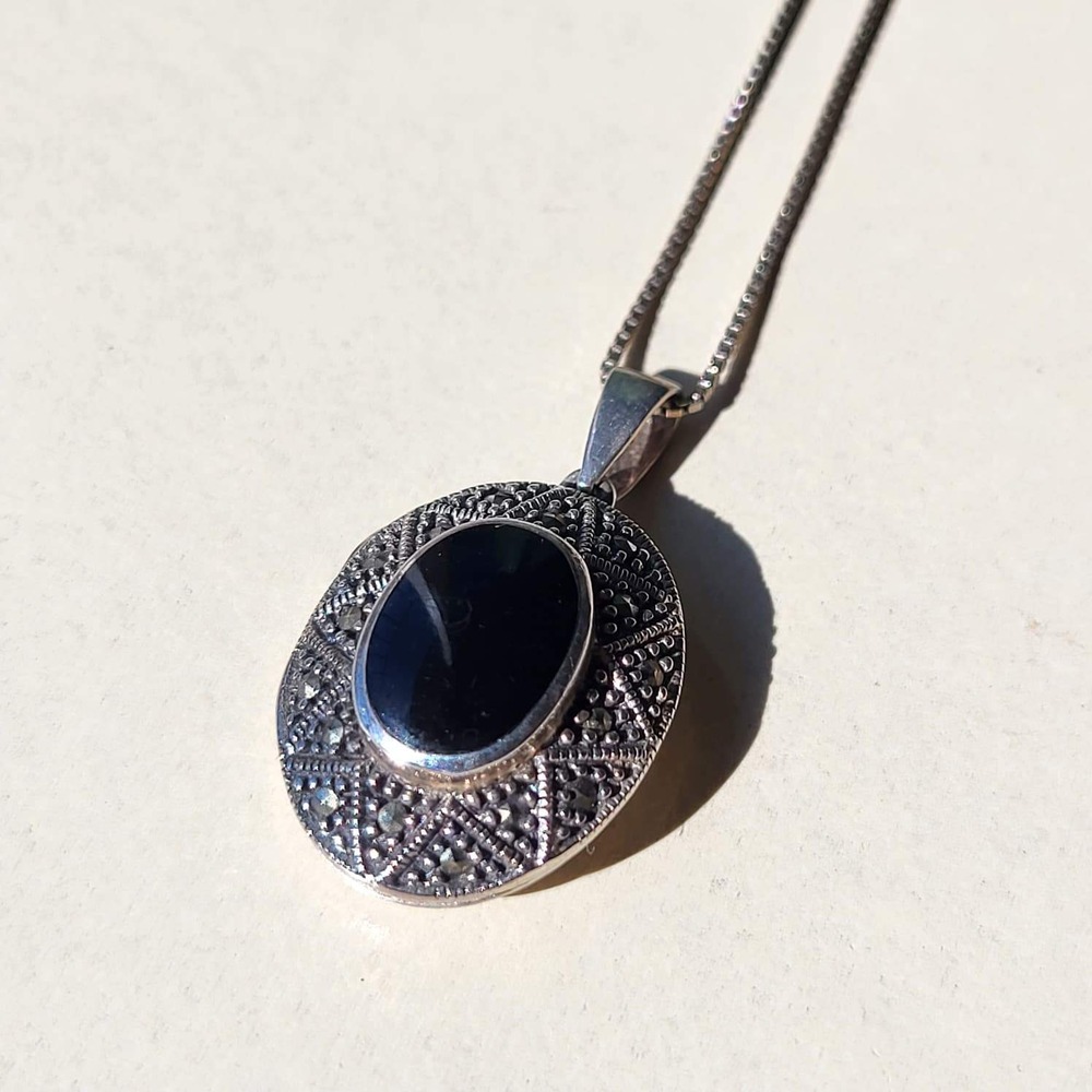 Vintage 925 Sterling Silver Marcasite Black Onyx Locket Necklace Black